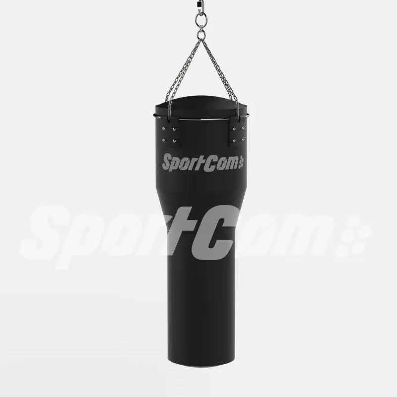 SportCom Kunstleder-Uppercut-Sandsack in Schwarz, Frontansicht hängend an der Kette vor hellem Hintergrund