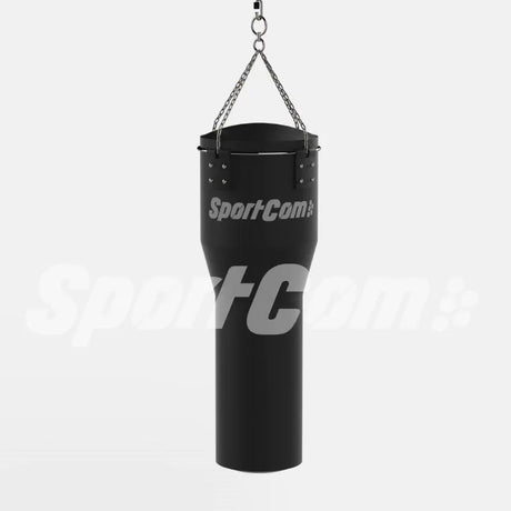 SportCom Kunstleder-Uppercut-Sandsack in Schwarz, Frontansicht hängend an der Kette vor hellem Hintergrund