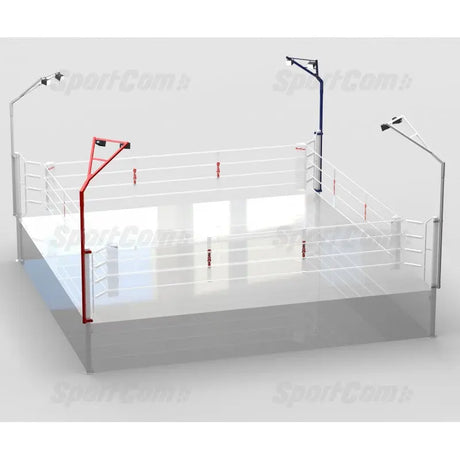 SportCom LED-Beleuchtung für Boxringe, Schrägansicht mit Lichtmasten an zwei Ecken eines Boxrings