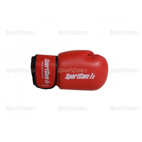 SportCom Leder-Boxhandschuhe Wettkampf in Rot, Handschuh liegend mit Blick auf Klettverschluss und Logo