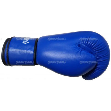 SportCom Leder-Boxhandschuhe Wettkampf in Blau, Seitenansicht liegend mit Faustpartie und Bündchen