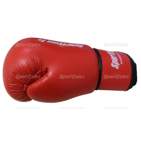 SportCom Leder-Boxhandschuhe Wettkampf in Rot, Seitenansicht liegend mit Faustpartie und schwarzem Bündchen