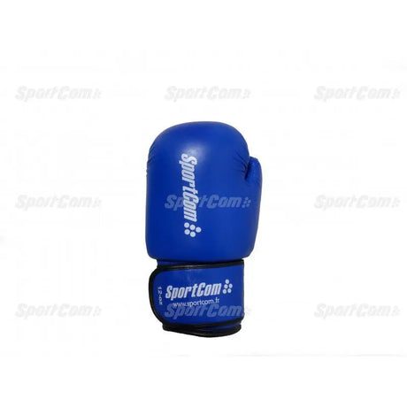 SportCom Leder-Boxhandschuhe Wettkampf 10 OZ in Blau, einzelner Handschuh stehend mit Logo auf dem Klettverschluss