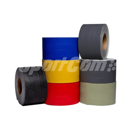 SportCom Matten-Klebeband für Flexi-Roll, Rollen in Blau, Gelb, Rot, Grau, Oliv und Schwarz, gestapelt