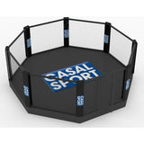 SportCom MMA-Käfig-Individualisierung: Visualisierung eines achteckigen Käfigs mit blauem Bodenlogo