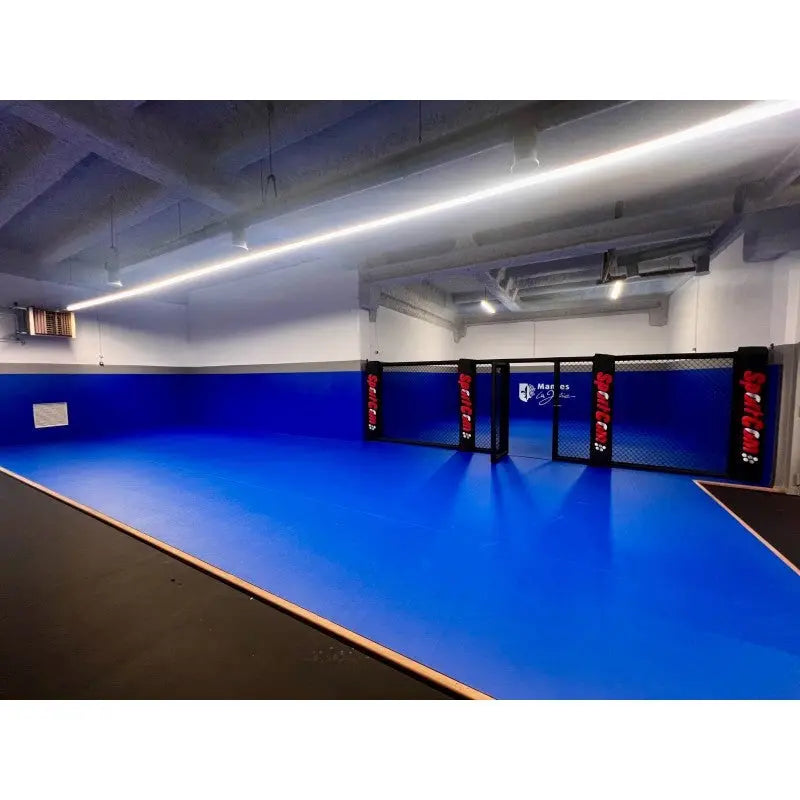 SportCom MMA-Paneel mit Tür am Rand einer blauen Mattenfläche in einer Halle