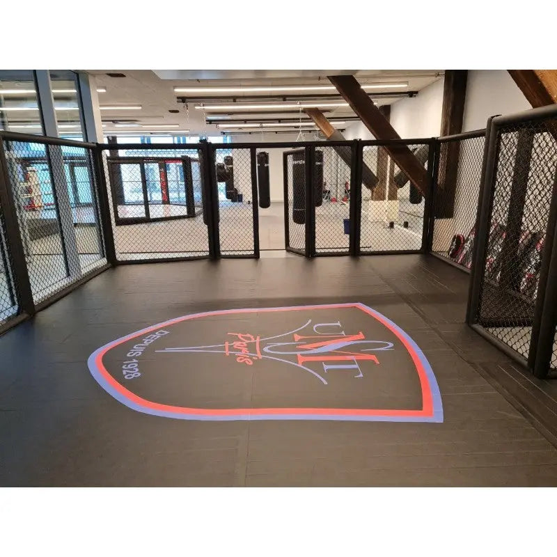 SportCom MMA-Paneel mit Tür als Käfigfläche mit Wappen auf der Matte, Blick nach rechts
