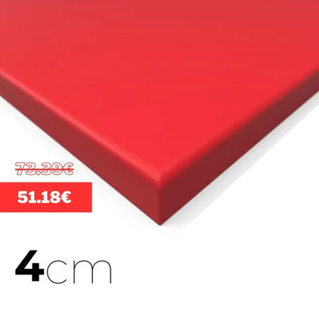 SportCom MMA-Tatami Glattfinish 1 × 1 m, 4 cm, rutschfeste Unterseite, Eckansicht der roten Matte mit Preisschild, 1 × 1 m