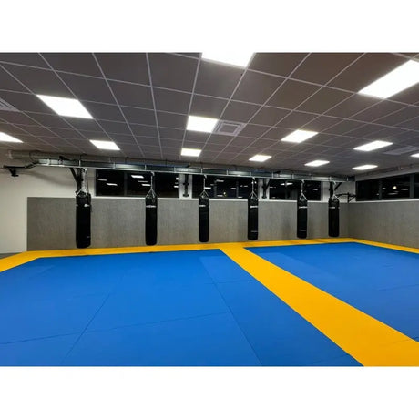 SportCom MMA-Tatami Glattfinish 1 × 1 m, 4 cm, rutschfeste Unterseite, Trainingshalle mit Boxsäcken, blau-gelb ausgelegt
