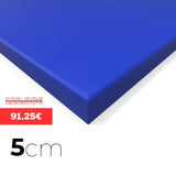SportCom MMA-Tatami Glattfinish 1 × 1 m, 5 cm, glatte Unterseite, Eckansicht der blauen Matte, 2 × 1 m, mit Preisschild
