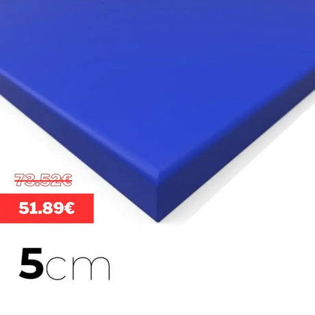 SportCom MMA-Tatami Glattfinish 1 × 1 m, 5 cm, glatte Unterseite, Eckansicht der blauen Matte mit Preisschild
