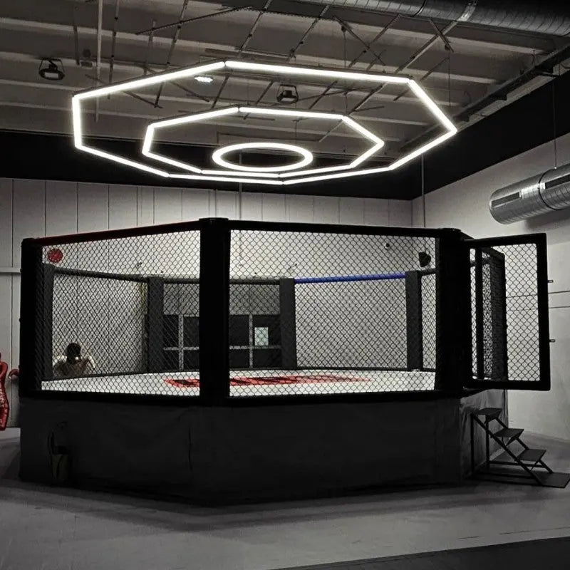 SportCom MMA-Trainingskäfig mit Podium, in einem Studio mit Oktagon-Deckenleuchte