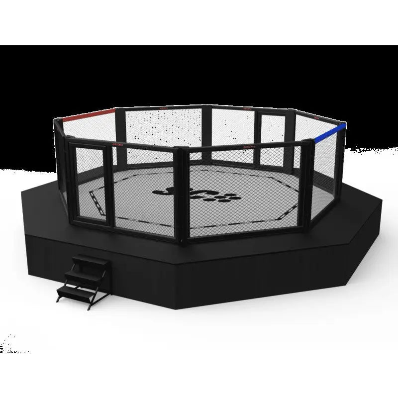 SportCom MMA-Wettkampfkäfig 7 m mit 9-m-Laufsteg, Render in Frontansicht auf flachem Podium