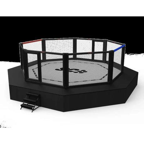 SportCom MMA-Wettkampfkäfig 7 m mit 9-m-Laufsteg, Render in Frontansicht auf flachem Podium