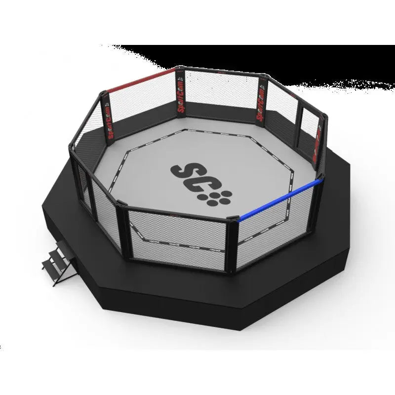 SportCom MMA-Wettkampfkäfig 7 m mit 9-m-Laufsteg, Render in Schrägansicht mit Laufsteg-Treppe