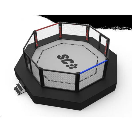 SportCom MMA-Wettkampfkäfig 7 m mit 9-m-Laufsteg, Render in Schrägansicht mit Laufsteg-Treppe