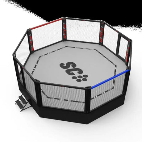 SportCom MMA-Wettkampfkäfig 7 m ohne Laufsteg, Render in Schrägansicht mit Treppe