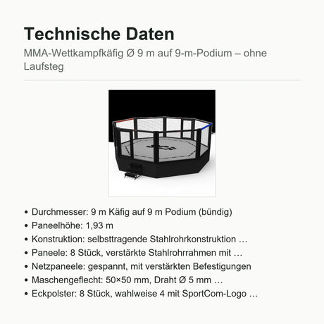 SportCom MMA-Wettkampfkäfig 9 m ohne Laufsteg, Datenblatt mit Durchmesser und Paneelhöhe