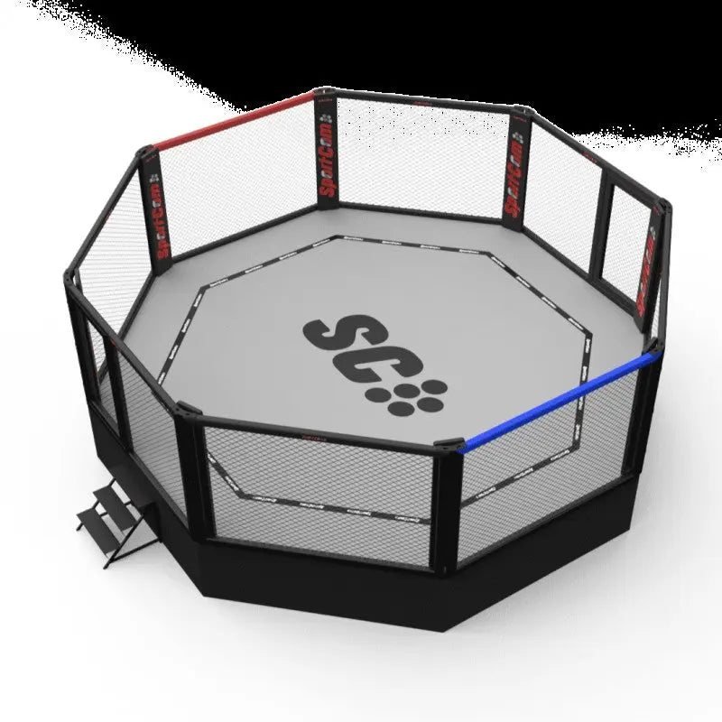 SportCom MMA-Wettkampfkäfig 9 m ohne Laufsteg, Render von oben mit roten und blauen Eckpolstern