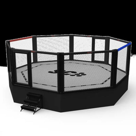 SportCom MMA-Wettkampfkäfig 9 m ohne Laufsteg, Render in Schrägansicht mit Treppe