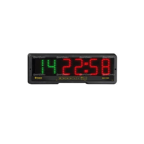SportCom Multi-Timer von Favero als Wandversion, Frontansicht mit grüner und roter LED-Anzeige
