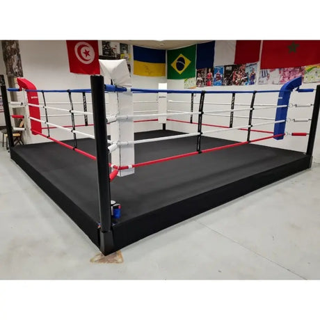 SportCom Pro-Trainingsboxring mit 30 cm Podium, in einer Boxhalle mit Flaggen und rot-blauen Ecken