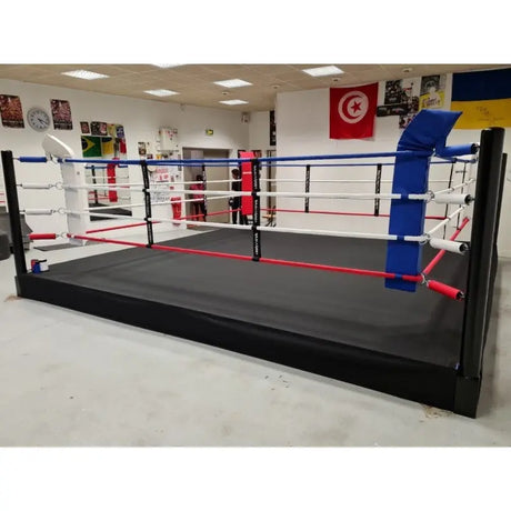 SportCom Pro-Trainingsboxring mit 30 cm Podium, in der Boxhalle mit Flaggen aus seitlicher Perspektive