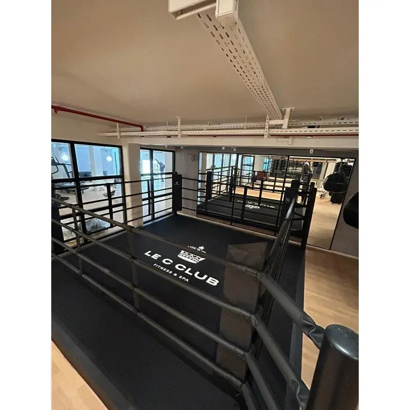 SportCom Pro-Trainingsboxring mit 30 cm Podium, mit Club-Logo auf dem Boden, Blick von oben