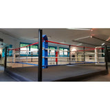 SportCom Pro-Trainingsboxring mit 30 cm Podium, mit blau-roten Ecken aus flacher Perspektive