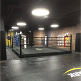 SportCom Pro-Trainingsboxring mit 30 cm Podium, in einem Gym mit Backsteinwand und Rundleuchte