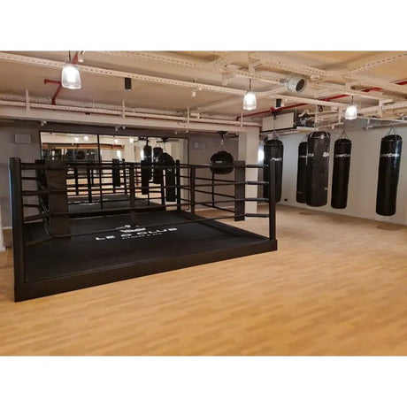 SportCom Pro-Trainingsboxring mit 30 cm Podium, in einem Gym mit Boxsäcken und Holzboden