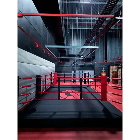 SportCom Pro-Trainingsboxring mit 30 cm Podium, in einer Industriehalle mit roten Seilen