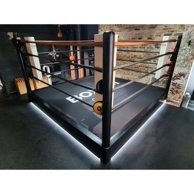 SportCom Pro-Trainingsboxring mit 30 cm Podium, mit LED-Podium vor Backsteinwand, Eckansicht