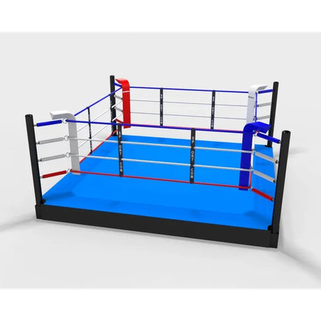 SportCom Pro-Trainingsboxring mit 30 cm Podium, Render mit blauem Boden in Schrägansicht