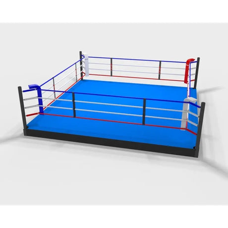 SportCom Pro-Trainingsboxring mit 30 cm Podium, Render mit blauem Boden aus erhöhter Frontansicht