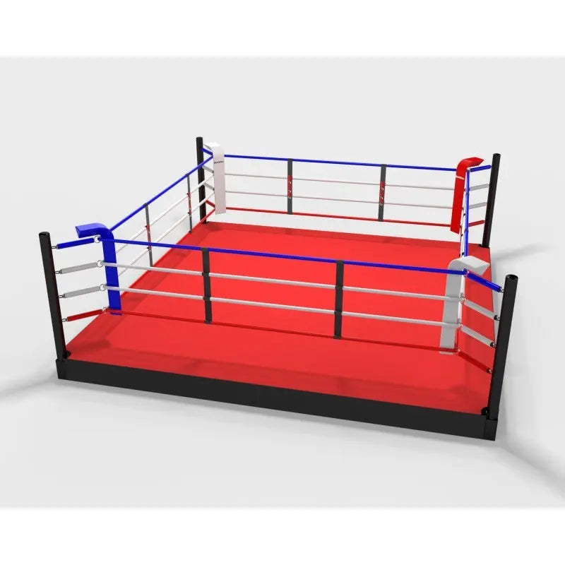 SportCom Pro-Trainingsboxring mit 30 cm Podium, Render mit rotem Boden, rot-blaue Ecken frontal