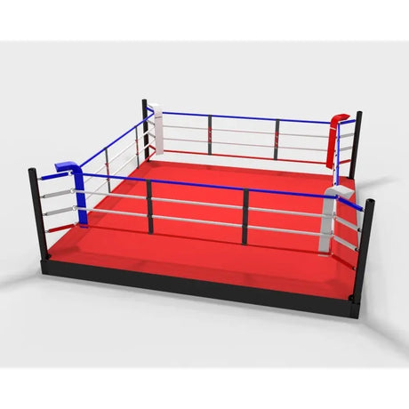 SportCom Pro-Trainingsboxring mit 30 cm Podium, Render mit rotem Boden, rot-blaue Ecken frontal