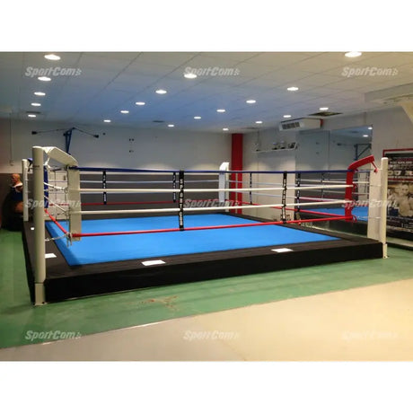 SportCom Pro-Trainingsboxring mit 30 cm Podium, mit blauem Boden in einer Sporthalle mit grünem Boden