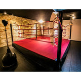 SportCom Pro-Trainingsboxring mit 50 cm Podium, mit pinkem Boden vor Backsteinwand und Punchingball