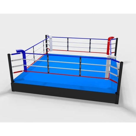 SportCom Pro-Trainingsboxring mit 50 cm Podium, Render der Variante 5 x 5 m mit blauem Boden