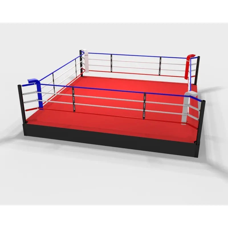 SportCom Pro-Trainingsboxring mit 50 cm Podium, Render der Variante 6 x 6 m mit rotem Boden