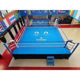 SportCom Pro-Wettkampf-Boxring mit 1 m Podium, mit Treppe und bedruckter Fläche, Blick von oben