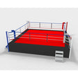 SportCom Pro-Wettkampf-Boxring mit 1 m Podium, Render 6 x 6 m mit roter Ringfläche und Treppe