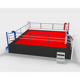 SportCom Pro-Wettkampf-Boxring mit 1 m Podium, Render 6 x 6 m mit roter Ringfläche und Treppe