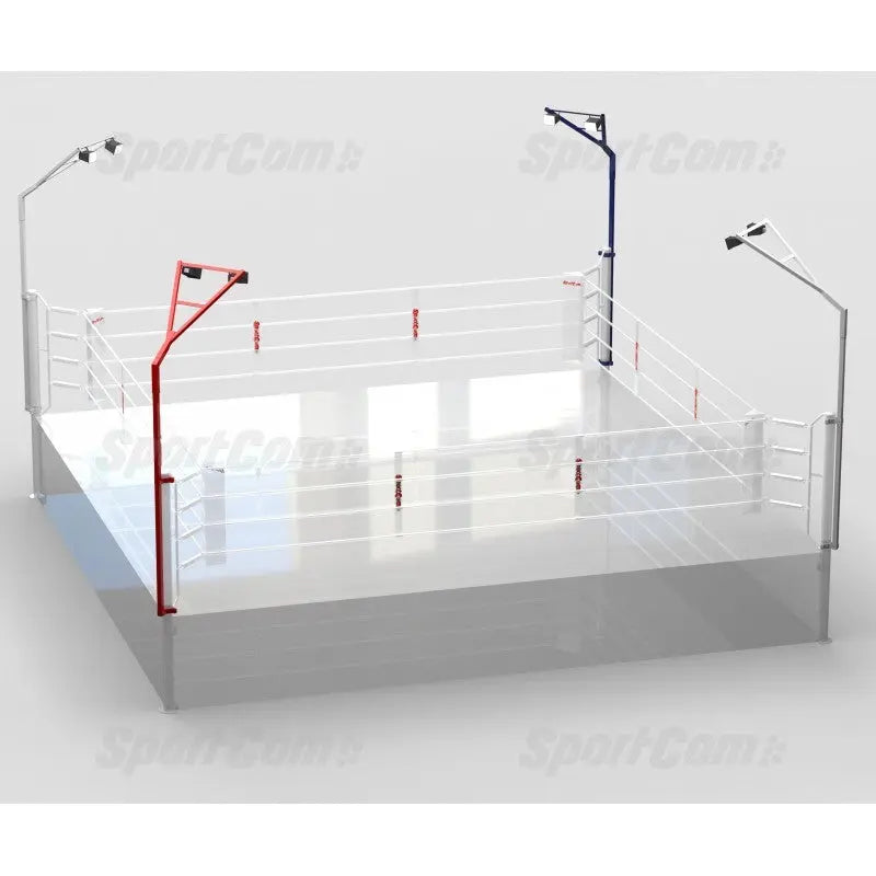 SportCom Pro-Wettkampf-Boxring mit 1 m Podium, Render in Weiß mit Ringpfosten und Beleuchtung