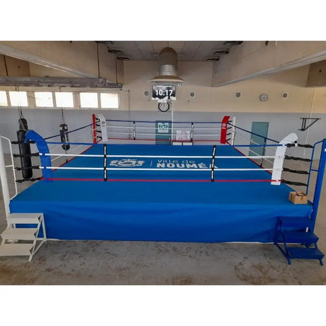 SportCom Pro-Wettkampf-Boxring mit 1 m Podium, mit blau gepolsterter Umrandung im Trainingsraum