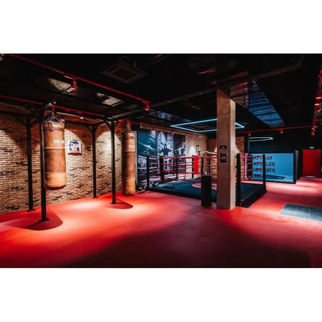 SportCom Proboxe Wandstation für Sandsäcke, in einem dunklen Gym mit rotem Licht, Überblick