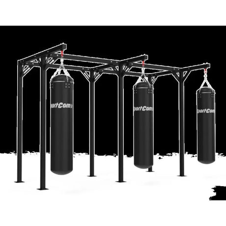 SportCom Proboxe Wandstation für Sandsäcke, Render mit drei Sandsäcken vor schwarzem Hintergrund