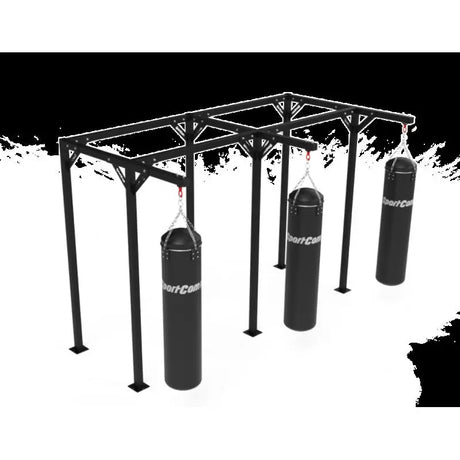 SportCom Proboxe Wandstation für Sandsäcke, Render mit drei Sandsäcken vor hellem Hintergrund