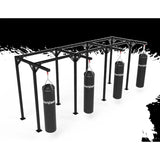 SportCom Proboxe Wandstation für Sandsäcke, Render der langen Station mit fünf Sandsäcken, hell